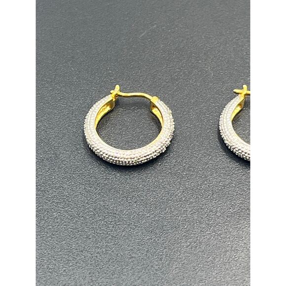 RT Sterling Silver Gold Plated Two Tone Diamond Chip Pave Round Hoop Earrings - Picture 6 of 8